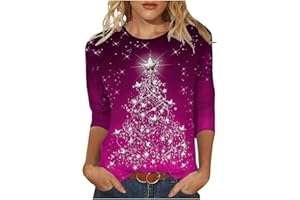 AMhomely Christmas T Shirts for Women UK Clearance Ladies Tops Fall Casual 3/4 Sleeve Loose Shirts Crewneck Xmas Tree Snowflake Elk Print Cute Blouse Graphic Tees Tunic Dressy Trendy Clothes