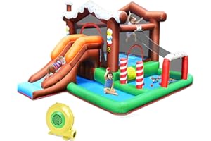 GOPLUS Château Gonflable en Forme de Bûche de Noel avec Toboggan, Zone de Saut, Kit de Réparation, Aire de Jeu Gonflable Intérieur avec Sac de Rangement pour 2 Enfants (avec Souffleur 450W)