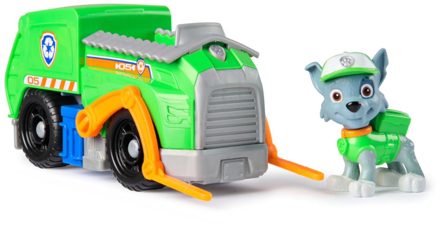 Paw Patrol, Camion per il Riciclo di Rocky con Personaggio, 3+ Anni | Ruote Funzionanti, Carrello Elevatore Mobile, Portello Apribile, Almeno 80% Plastica Riciclata, Non Richiede Pile