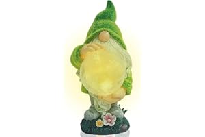 TIN DREAMS FACTORY | Gnomo Vidente con Luz Solar – Figura Decorativa de Jardín en Resina – Enanito con Bola Luminosa LED – Adorno Original para Jardín, Terraza y Patio