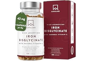 AAVALABS Gentle Iron Supplements for Women and Men - 42 mg Iron Tablets high Strength with Natural Vitamin C - Active Form - bisglycinate - Fatigue Supplements with high bioavailability - 120 Capsules