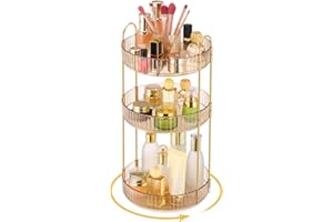 Lnueovcn 360° Rotating Makeup Organiser, Large Capacity 3 Tiers Skincare Organiser, Cosmetic Organiser Makeup Brush Holder with Compartment for Cosmetics Perfume Jewellery Bedroom (Amber)