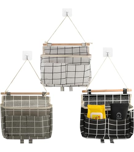 Set Di 2 Cestini Appesi Organizer In Misto Lino - Righe Blu/Rosse - 14x14x19 Cm Per Bagno, Corridoio, Cameretta