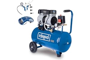 Scheppach HC26Si Ultra Silent Kompressor 24L | 1100W | 8bar | 66 dB(A) leise | ölfrei & wartungsarm | Ansaugleistung 162L/min | Leisekompressor Doppelzylinder Flüsterkompressor | mit 14-tlg Zubehörset