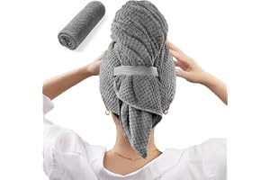 AquaFalcon Large Microfiber Hair Towel Wrap for Women, Anti Frizz Hair Drying Towel with Elastic Strap, Fast Dry | Super Absorbent | Quick Dry Hair Turban for Wet, Curly, Long & Thick Hair -Gray
