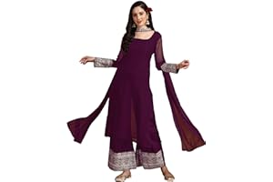 EthnicJunction Damen Georgette Pailletten Spitze Arbeit Kurta Palazzo und Dupatta Set