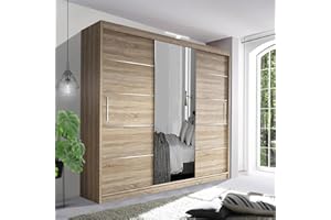 German Sliding Wardrobe Contemporary Bedroom Sliding Wardrobe with LED Light - Spacious and Stylish Design comes in White/Grey/Black/Oak and Width 120cm/150cm/180cm/203cm/250cm (Oak, 250cm)