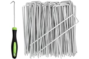 RnCop Galvanized Garden Pegs, 50 Pack 6"/15cm Weed Membrane Pegs, Strong U-Shaped Ground Stakes Steel for Fixing Landscape Fabric(with 1 pick hook)