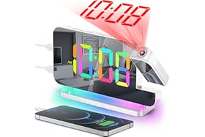 SZELAM Projektionswecker, 18.7 cm LED Spiegel Digitaluhren großes Display, mit 180° drehbarem Projektor, RGB Nachtlicht, USB C Anschluss, Moderne Schreibtischuhr für Schlafzimmer-Dekor – Weiß
