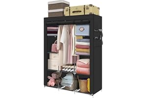 Trintion Canvas Wardrobe for Bedroom, Fabric Wardrobe Clothes Storage with 6 Shelves and Hanging Rail, Upgraded fabric wardrobe with 4 Side Pockets (Black)