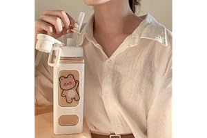 DKIIL NOIYB 700ml Kawaii Bear Water Bottle With Straw Plastic Portable Square Drinking Bottle Large Kawaii Water Bottle for Girl Cute Juice Tea Water Cups (With Sticker)