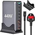 Necomi 440W USB A&USB C charging station,5 Type-C Ports 【2×100W, 3x 65W】 and 3 USB Ports 【QC18W】 charge charging station C-type hub,GaN Technology,Fast Charge Wall Plug with 1.5m Power Cord Black