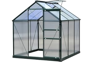 Outsunny 6 x 6ft Polycarbonate Greenhouse, Large Walk-In Green House with Slide Door and Window, Garden Plants Grow House with Aluminium Frame and Foundation, Dark Green