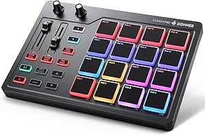 Donner Klawiatura kontrolera MIDI Pad USB typu C, profesjonalna bateria z 16 buforami, wyjście MIDI, 2 suwaki i przypisywalne przyciski (Starrypad Mini, czarny)