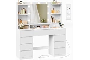 VASAGLE KAILYN Collection - Dressing Table with LED Mirror, Vanity Desk with Power Outlets, 9 Drawers, 9 Dimmable Bulbs, 3 Light Colours, Toolless Slide Rail Assembly, Cloud White RDT141WB03