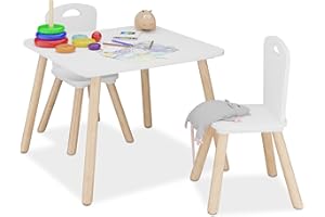 Relaxdays Mesa y 2 Sillas Infantiles, Conjunto Mobiliario Niños 3 Piezas, Set Muebles Dormitorio, Blanco y Natural