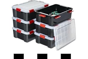 Iris Ohyama 6 Cajas herméticas de plástico con tapa y cierres a presión, 30L, Negro, sello impermeable, apilables, antipolvo, para ropas, camping, exteriores, cubo de almacenaje, box, AT-LS
