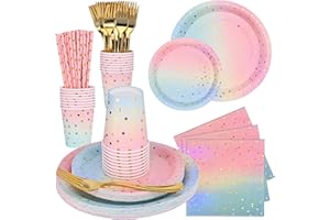 Revivoer Party Vaisselle, 150 pièces Kit Vaisselles Anniversaire Assiette Dîner Papier Serviette Enfants Party Fête Mariages Baby Shower Noël, 25 invités Réutilisable (Rose bleu)
