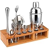 Wooden-Life - Set di shaker da cocktail, 14 pezzi, con custodia in bambù, per doppio jigger, misurino, pestello bar, cucchiai