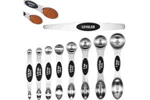 OUZHOU Magnetic Measuring Spoons, 9pcs Tablespoon Measuring Spoon, Dual Sided Stainless Steel Stackable Teaspoon Tablespoon with Scale and Leveler, Fits in Spice Jars for Measuring Dry and Liquid
