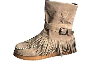 Yowablo Bottes Femmes Mode Casual Bout Rond Rétro Frange Court Cheville Chaussures Plates