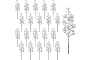 Jangostor 20 Piezas Decoración de Bayas,Palillos Artificiales de Bayas Acebo Bayas Ramas Tallos de Bayas navideñas para el árbol de Navidad Temporada de Vacaciones Decoración de Invierno (Plata)