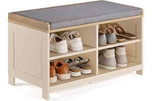 VonHaus Shoe Storage Bench with Padded Seat - Hallway Bench & 4 Open Shelves - Multifunctional Hall Footwear Unit with Wood Effect Top - Storage Solutions for Entryway & Porch - Ash Hall (Cream)