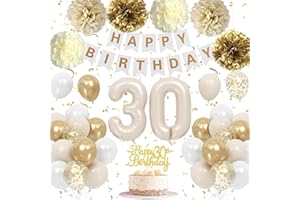 Froova 30th Birthday Decorations for Her, Beige Gold White Thirty Birthday Balloons Neutral Number 30 Balloon Pom Poms Happy 30 th Banner Cake Toppers for Women Men 30 Years Old Bday Party Decoration