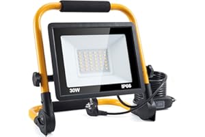 SENTOO Reflektor budowlany LED, 30 W, 3600 lm, lampa robocza LED z wtyczką, wodoszczelność IP66, reflektor budowlany LED z kablem 4 m, przenośny reflektor budowlany do warsztatu lub na placu budowy, garażu