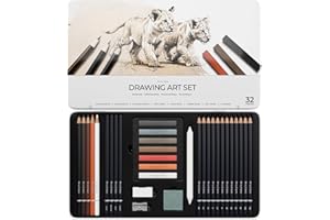 String & Space Kit de Dibujo Profesional – Set 32 Piezas para Adultos y Artistas – Lápices de Grafito (6H–12B), Carboncillo, Pasteles y Tonos Tierra – Material de Bellas Artes en Caja de Metal
