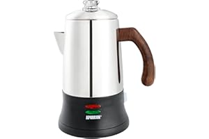 APOXCON Electric Coffee Percolator, Stainless Steel coffee maker with Heat-Resistant Glass Knob, Walnut Handle Coffee Machine with Cordless Serve (6 cups)