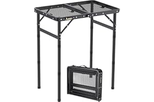 Anbte Folding Grill Table, 3 Adjustable Heights Aluminum Camping Table with Heat-Resistant Mesh Desktop, Lightweight outdoor Table, Portable Handle for Outside BBQ Cooking, 58 cm x 40 cm, Black