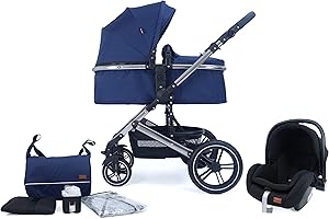 Pixini Passeggino Trio Neyla, 3 in 1 Carrozzina Ovetto Pieghevole, Accessori, Bambini (Cromo/Blu)