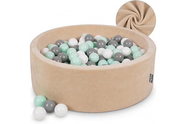 KiddyMoon pour Bébés Piscine à Balles Velours Ronde 90x30 avec 200 Balles 7cm Aire de Jeu Enfants Plaisir Beige Sableux - Blanc Gris Menthe