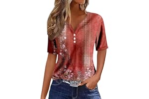KANPOLA DAMEN SWEATSHIRTS Kanpola Bluse Damen Elegant V-Ausschnitt T-Shirt Mode Bunte Drucken Lose Kurzarm Sommeroberteile Knopfleiste Tunika Tops Frauen Hemdbluse Freizeit Strand Oberteile Sommershirts