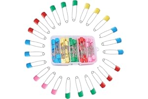 Trimming Shop 100pcs Iron Safety Pins Box, Plastic Head Diaper Pins for Baby Nappy, Fastening Securing Clothing, Crafting, Dressmaking (5cm, Assorted Colour)