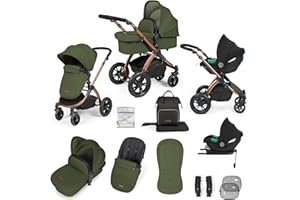 Ickle Bubba Stomp Luxe 12pc Travel System with i-Size Cirrus Car Seat & ISOFIX Base – All-Terrain Pram, Reversible Seat, Carrycot, UPF 50+ Hood, Rain Cover & Accessories (Bronze/Woodland/Black)