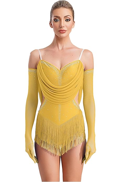 Vestido Fiesta Mujer Leotardo De Baile Latino Con Flecos Y