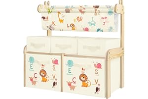 ALLDOMESS Estantería Infantil con Cesta Colgada y 5 Cubos de Almacenamiento, Organizador Habitación Infantil, Mueble Guardar Juguetes y Libros para Niños, 3 Niveles para Dormitorio, Sala de Juegos, Aula