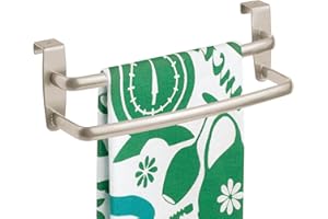 mDesign Tea Towel Holder – Over Door Towel Rail with No Drilling Required – Kitchen Towel Holder – Ideal for Kitchens & Bathrooms - Matte Silver