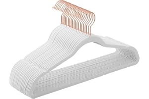 ‎SONGMICS SONGMICS CRF026W01 Wieszak na ubrania, aksamitny, z antypoślizgową powierzchnią, 41,5 cm długości, cienki, do dużych obciążeń, z obracanym o 360° hakiem w kolorze różowego złota, biały, 20 sztuk