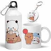 Bubu Dudu Love Gift for Birthday/Anniversary Sipper Water Bottle Aluminium with Coffee Mug, Wooden Keychain Combo Pack NMSK (