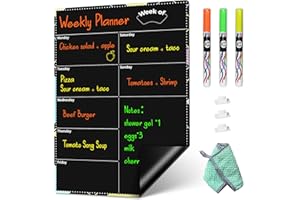 CUHIOY Weekly Meal Planner - 42x30 cm Magnetic Dry Erase Menu Board for Fridge - Includes 3 Chalk Markers, Notepad & Grocery List - Kitchen Refrigerator Chalkboard Magnet Organizer