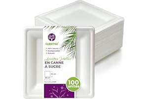 GoBeTree 100 Assiettes Jetables carrées 20 cm en Canne à Sucre Blanche, assiettes en papier jetables extra durables, Pour Camping, Pique-niques, Fêtes, Barbecues, Anniversaires