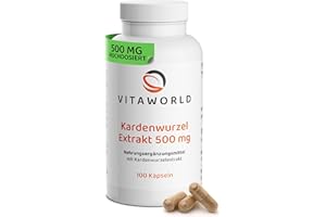 ‎VITA WORLD Kardenwurzel Extrakt – 500mg Kardenwurzelextrakt aus der wilden Karde (100 vegane Kapseln) – Kardenwurzel ohne Zusätze - laktosefrei & glutenfrei - laborgeprüftes Nahrungsergänzungsmittel – vitaworld
