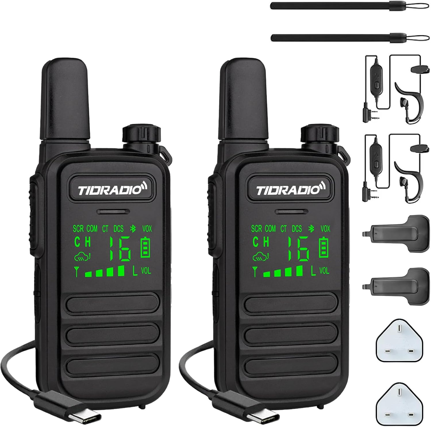 TIDRADIO TD-M11 Walkie Talkies for Adults Kids, Long Range Waterproof PMR446 Licence Free 16CH Type-C Rechargeable LED Light Screen Earpieces-2Pack Two Way Radio
