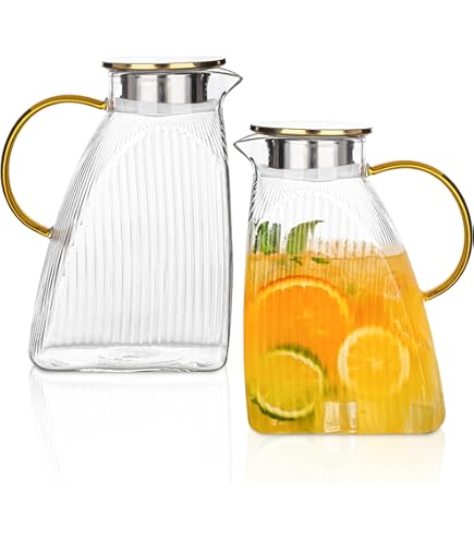 DUJUST Ribbed Glass Carafe Set, Elegant Water Carafe With Gold Decoration 1 Crystal Glass Carafe With Golden Lid 44oz 4 Cups 1 Tray With Thickened Bottom Food Grade Silicone Leak Proof - View #5