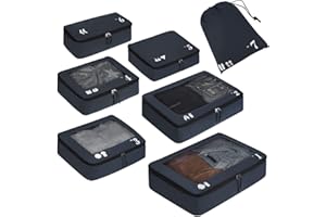 ECOHUB Organizer Valigie 7 Pezzi Set Packing Cubes Kit Viaggio PET Ecologico Accessori da Viaggio Organizer Viaggio Salvaspazio Porta Scarpe da Viaggio Organizer Zaino (Blu scuro)