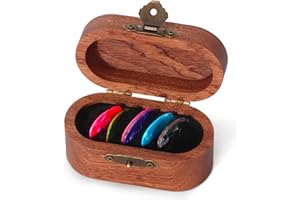 DoubleCare Wooden Guitar Pick Case Set with 12 Celluloid Picks in 3 Thicknesses, Premium Guitar Pick Holder, Mini Jewelry Box, Guitar and Bass Gift