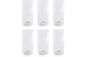 MAISON & WHITE 350ml Crystallised Glasses - Set of 6 | Highball Hi Ball Tumblers | Crystal Drinking Glasses | For Cocktails & Soft Drinks | Vintage Glassware | M&W